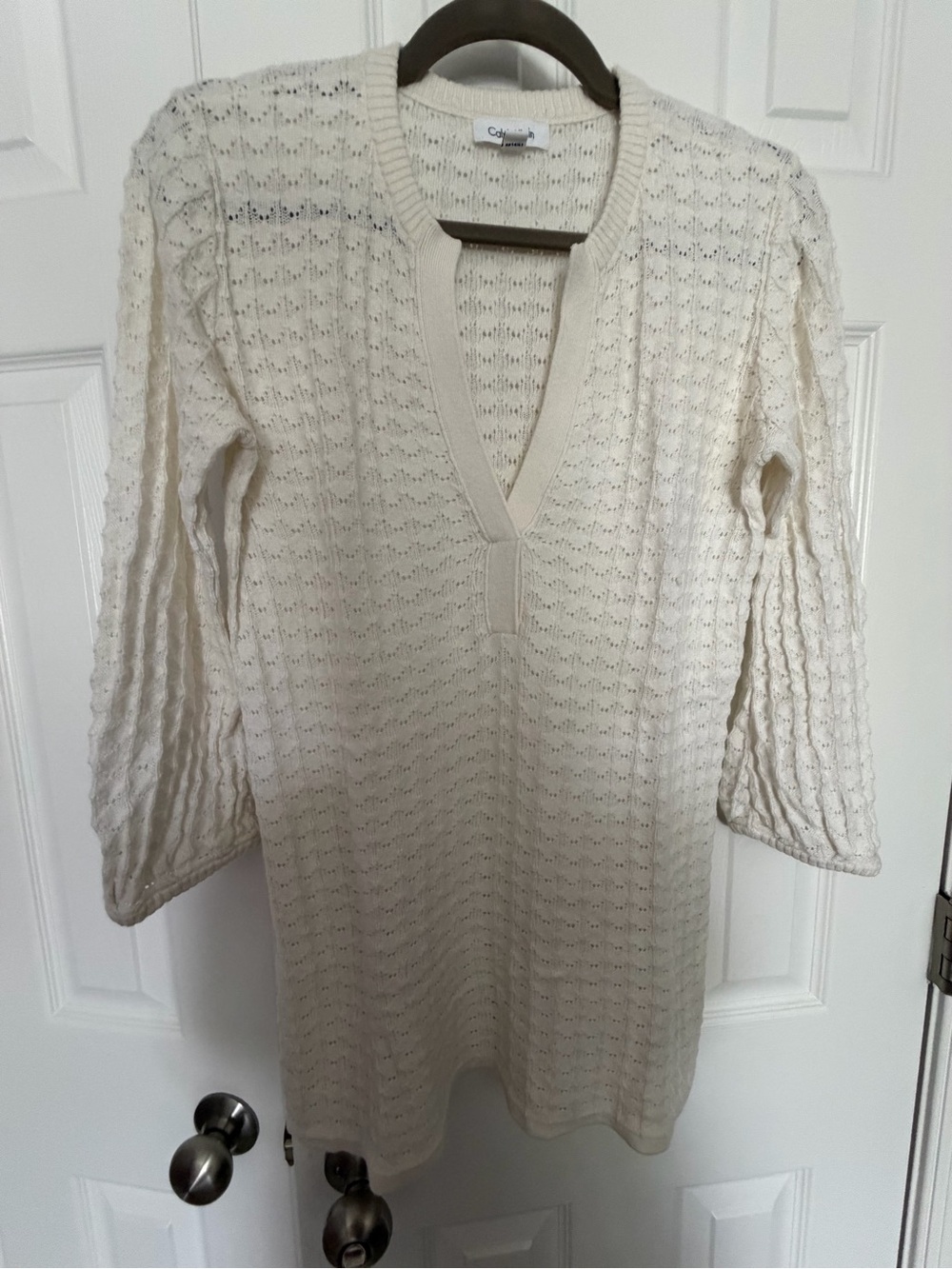 Calvin Klein Cream Open-Knit V-Neck Tunic Sweater
